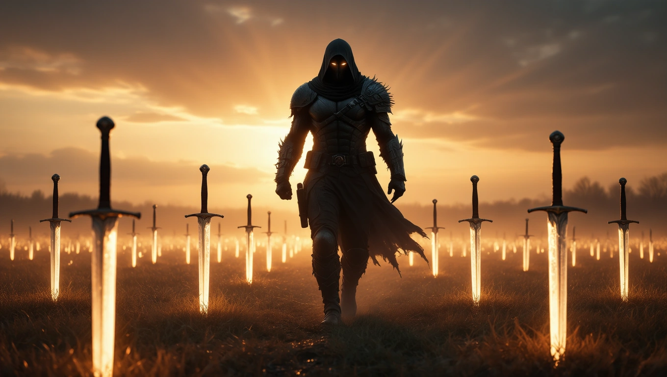 Mit jelent zsoldossal álmodni? – Részletes álomfejtés és értelmezés Egy zsoldos sötét köpenyben, fénylő kardok között sétál a naplementében.