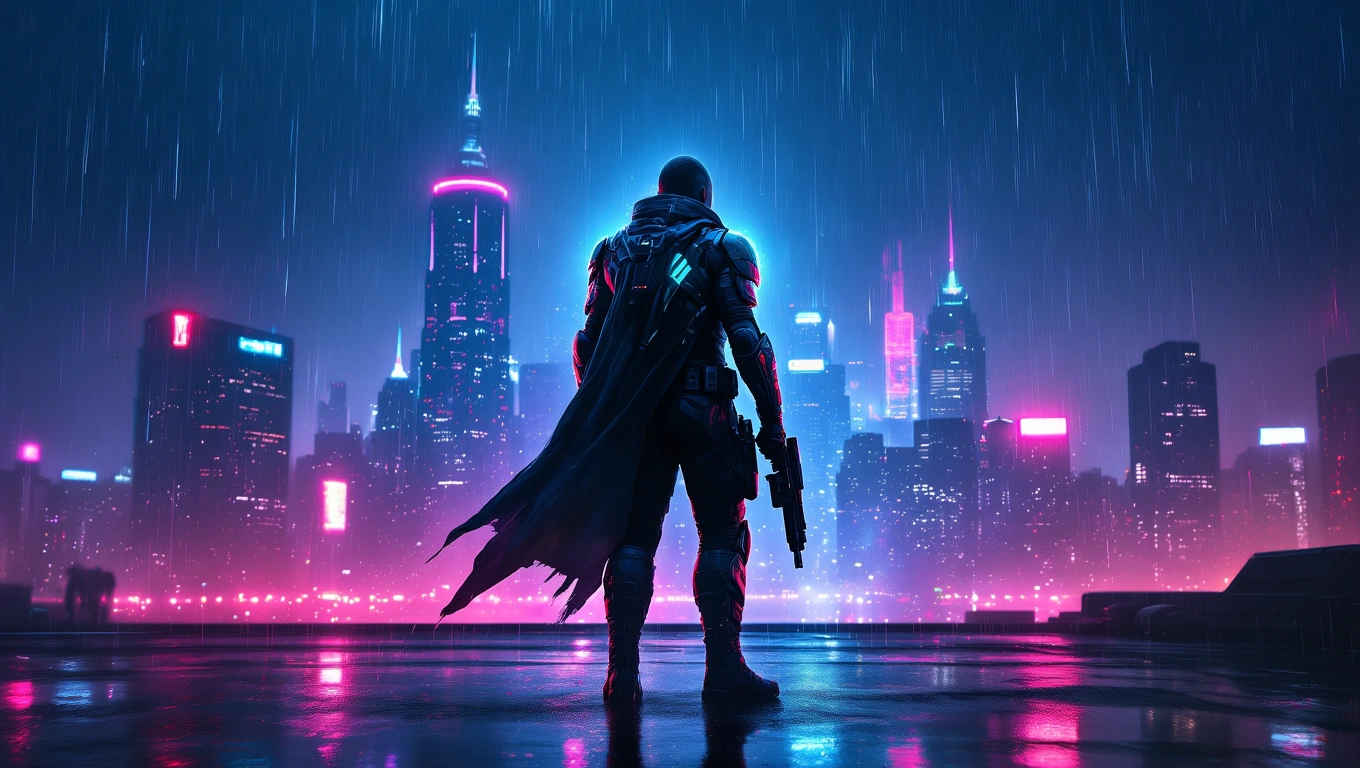 Mit jelent zsoldossal álmodni? – Részletes álomfejtés és értelmezés Egy zsoldos hátulról néz egy neonfényes városra esőben, erőteljes atmoszférával.