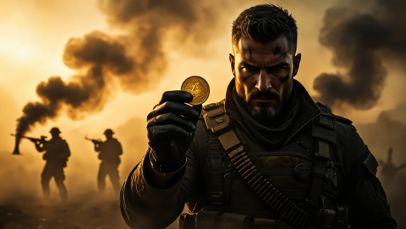 Mit jelent zsoldossal álmodni? – Részletes álomfejtés és értelmezés Egy zsoldos arca, aki aranyérmet tart a kezében, háttérben katonák és füst.