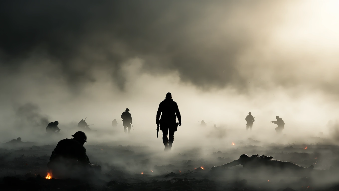 Mit jelent zsoldossal álmodni? – Részletes álomfejtés és értelmezés Zsoldosok sziluettjei ködben, harci környezetben, feszültséggel teli jelenet.