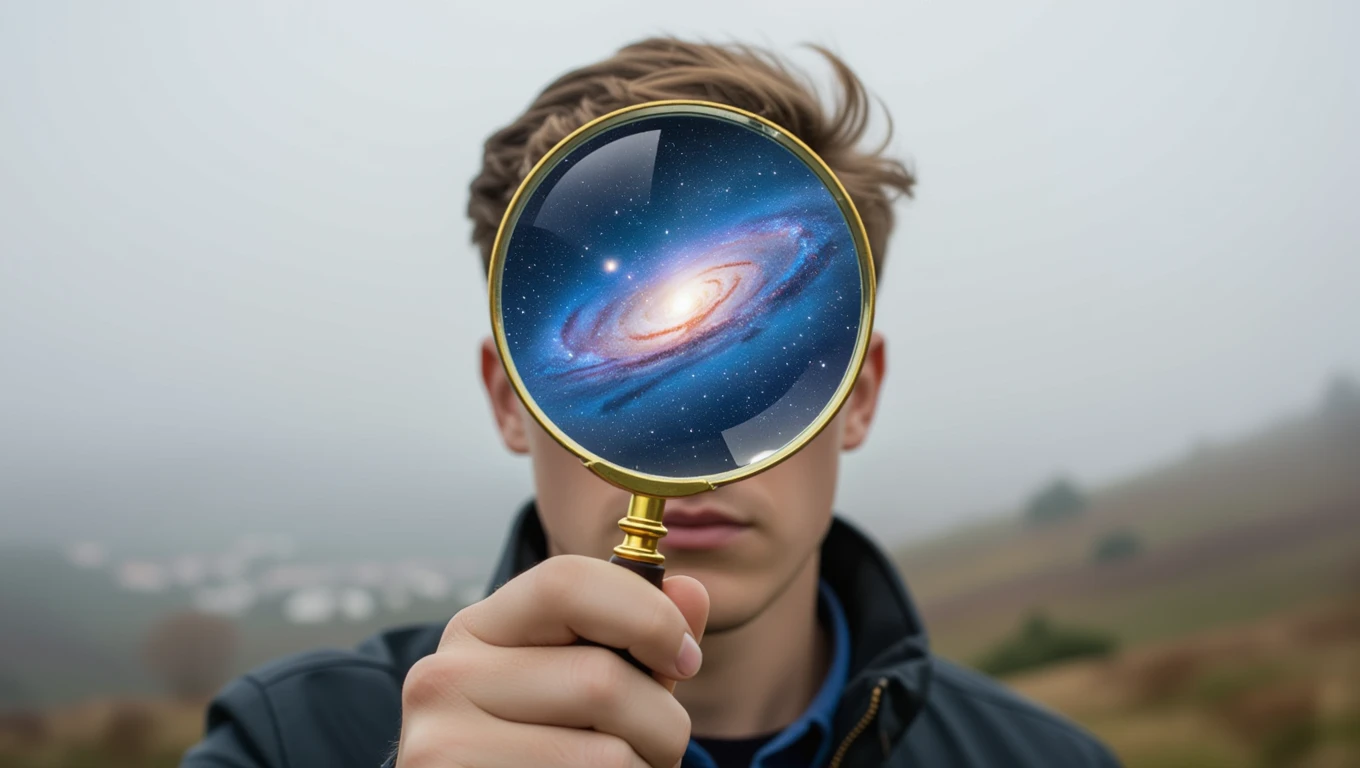 Mit jelent nagyítóról álmodni? - Teljes álomfejtések Egy fiatal férfi nagyítót tart a kezében, amelyen keresztül egy galaxis látható.