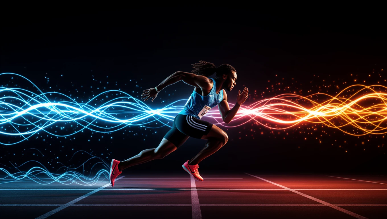 Mit jelent előnnyel álmodni? – Részletes álomfejtés és értelmezés Egy sportoló gyorsan fut a pályán, energikus mozdulattal és színes fényekkel körülvéve.