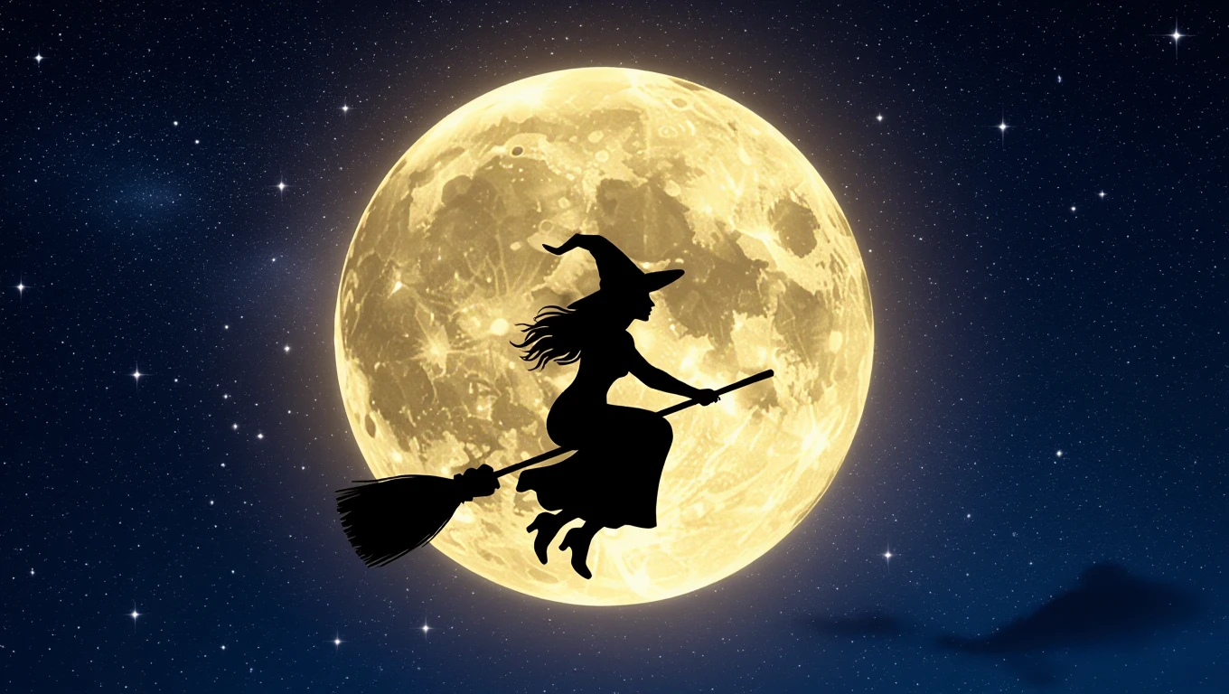 Mit jelent Halloweennal álmodni? – Részletes álomfejtések és értelmezések Egy boszorkány repül a hold fényében, éjszakai csillagos háttérrel.