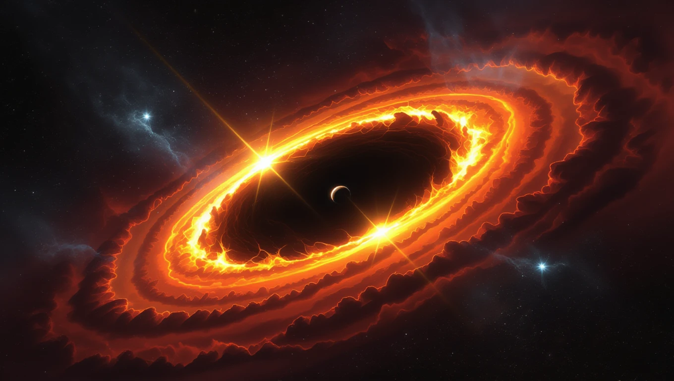 Mit jelent fekete lyukkal álmodni? – Részletes álomfejtések és értelmezések Egy fekete lyuk körüli tűzgyűrű, csillagokkal és galaxisokkal a háttérben.