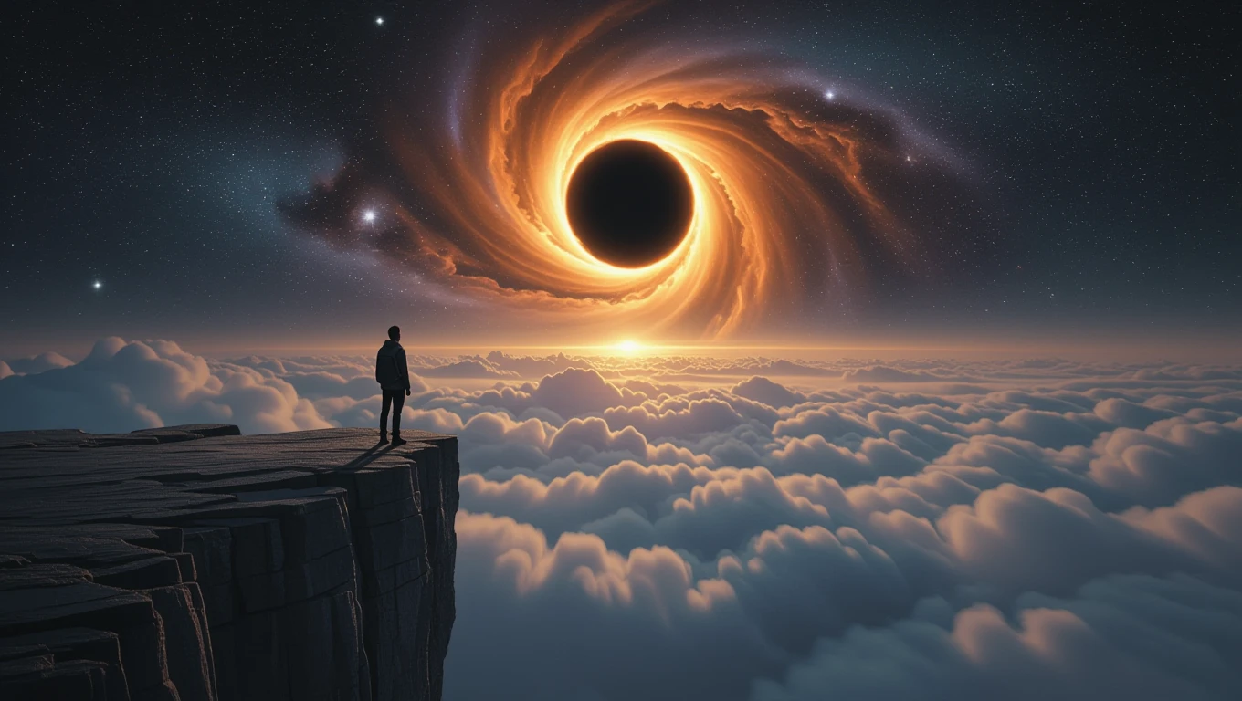 Egy fekete lyuk körüli spirális galaxis, egy ember áll a szélén.