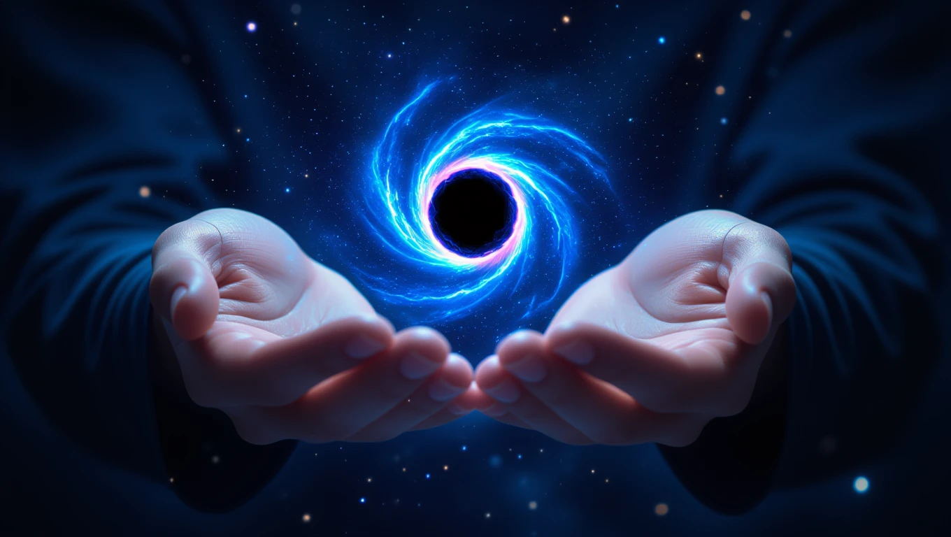 Mit jelent fekete lyukkal álmodni? – Részletes álomfejtések és értelmezések Két kéz tart egy fekete lyukat, amely körül csillagok és galaxisok láthatók.