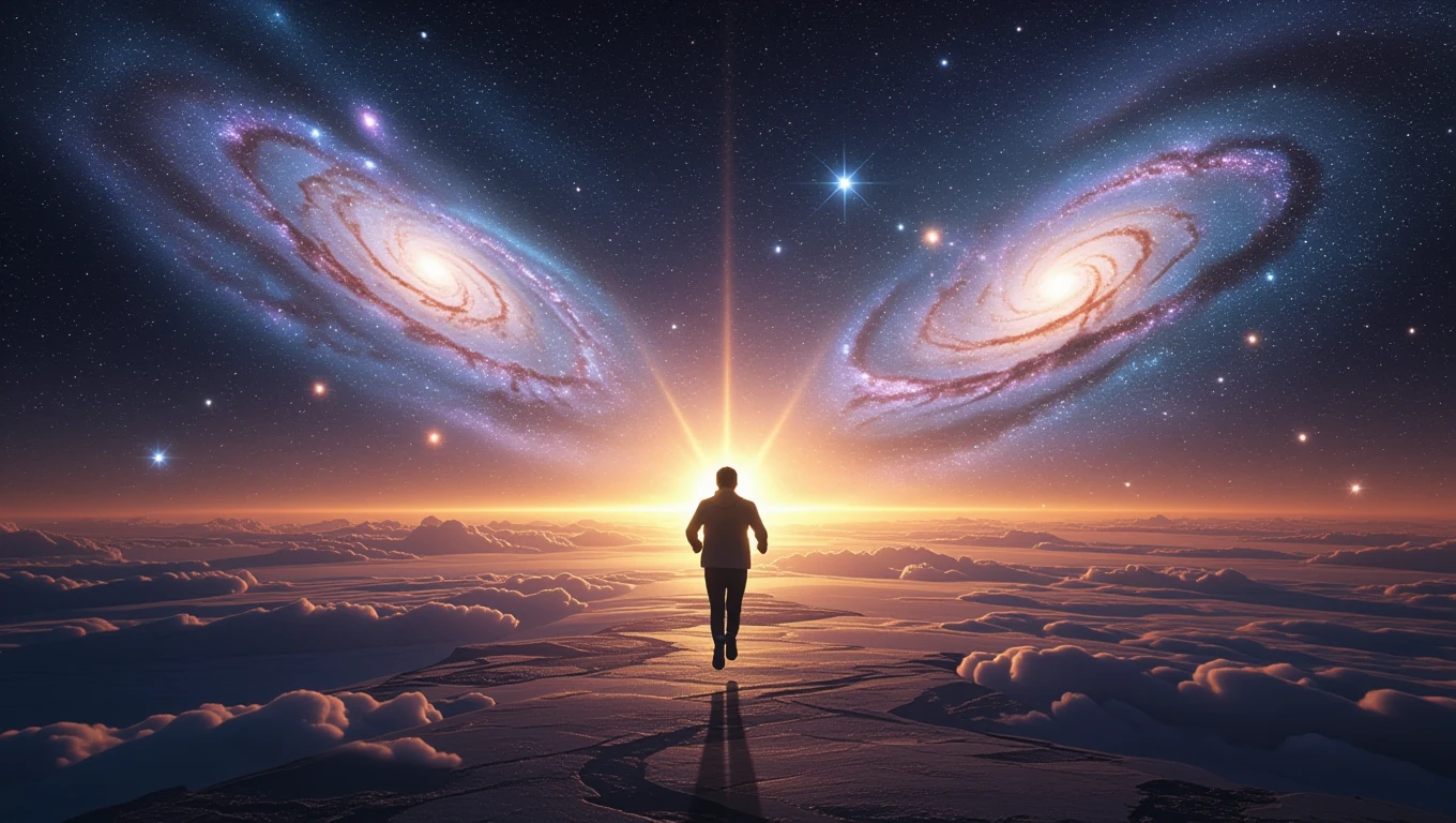 Egy ember fut a végtelenbe, galaxisok között, csodás napfelkeltével.