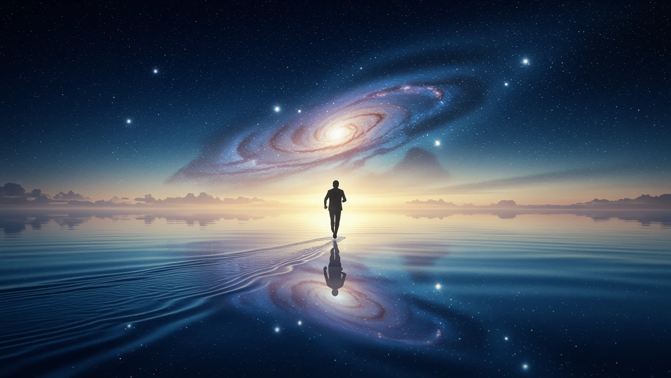 Egy férfi fut a végtelenbe, háttérben csillagok és galaxisok.