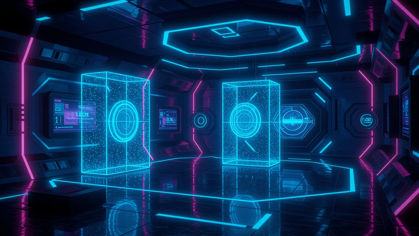 Mit jelent kiképzéssel álmodni? – Részletes álomfejtések és értelmezések Futurisztikus tér, neonfényekkel és holografikus elemekkel, a kiképzés szimbolikáját tükrözi.