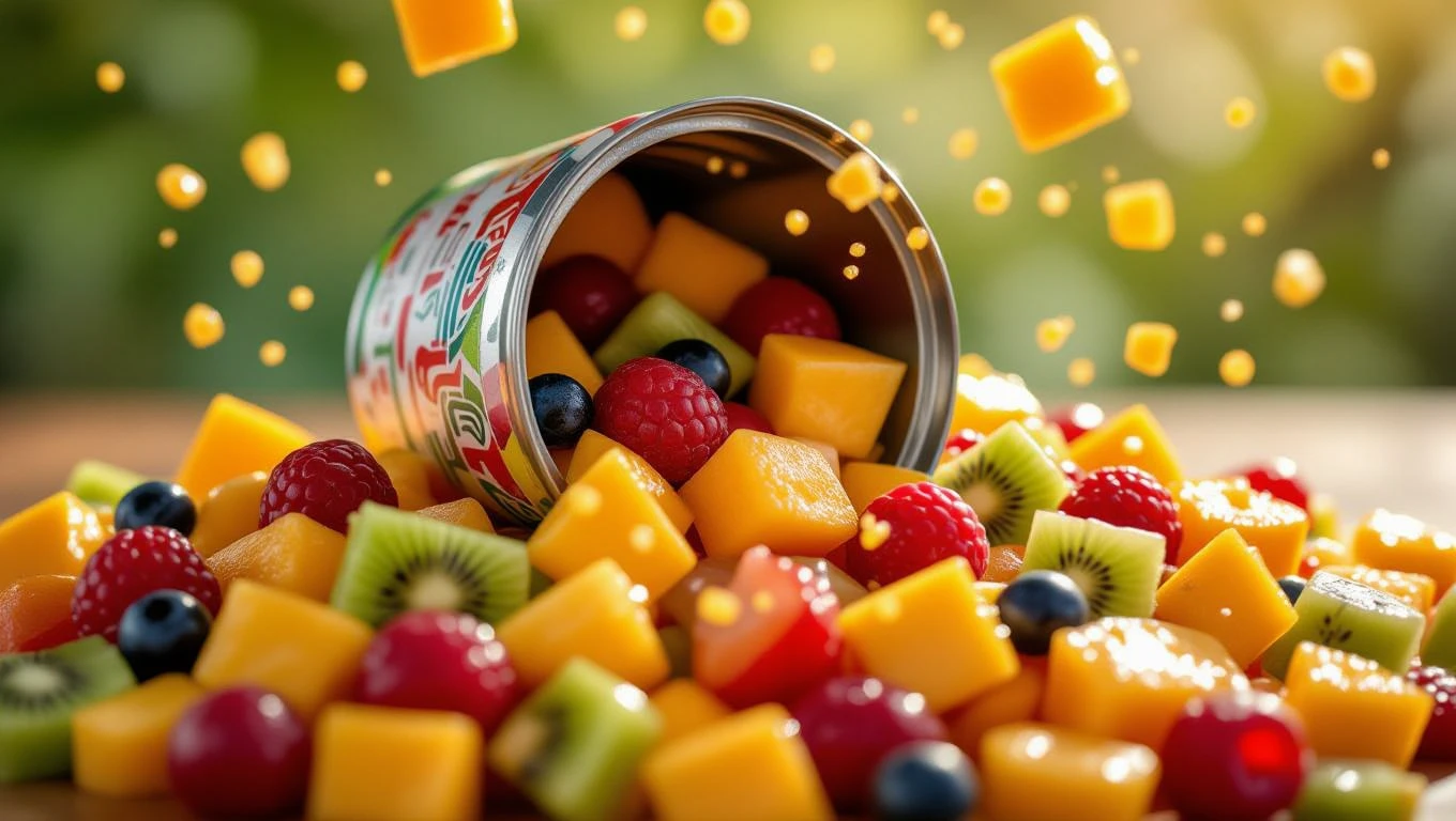 Mit jelent konzervvel álmodni? – Részletes álomfejtések és értelmezések Egy nyitott konzervből friss gyümölcsök, mint ananász, málna és kiwi, hullanak ki.