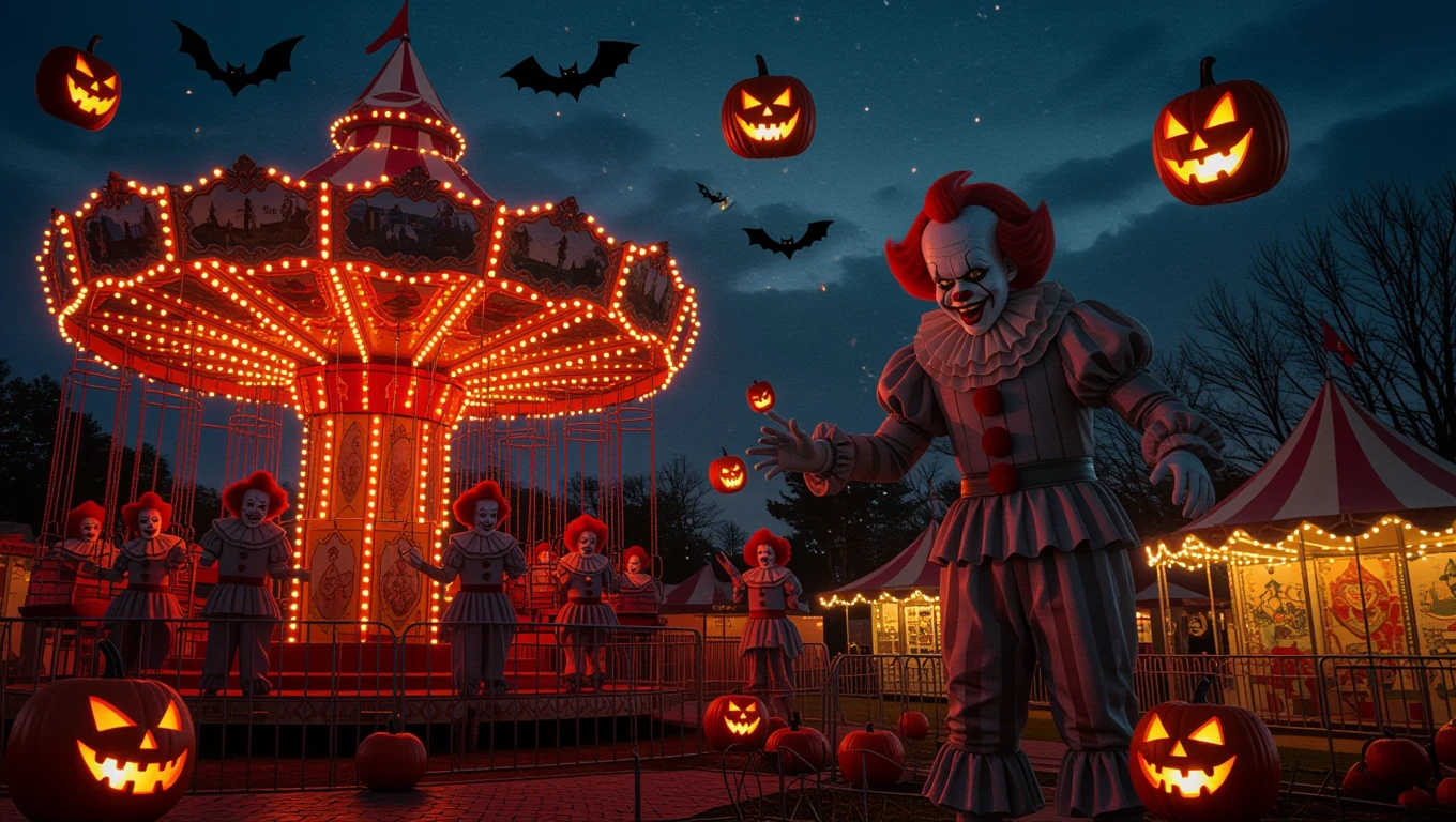 Mit jelent Halloweennal álmodni? – Részletes álomfejtések és értelmezések Egy vidámpark Halloween témájú díszítése, világító tökök és bohócok.