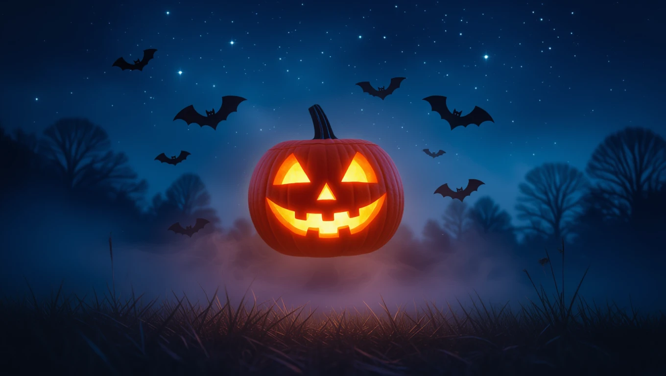 Mit jelent Halloweennal álmodni? – Részletes álomfejtések és értelmezések Egy világító tök Halloween éjszakáján, körülötte denevérek repkednek.