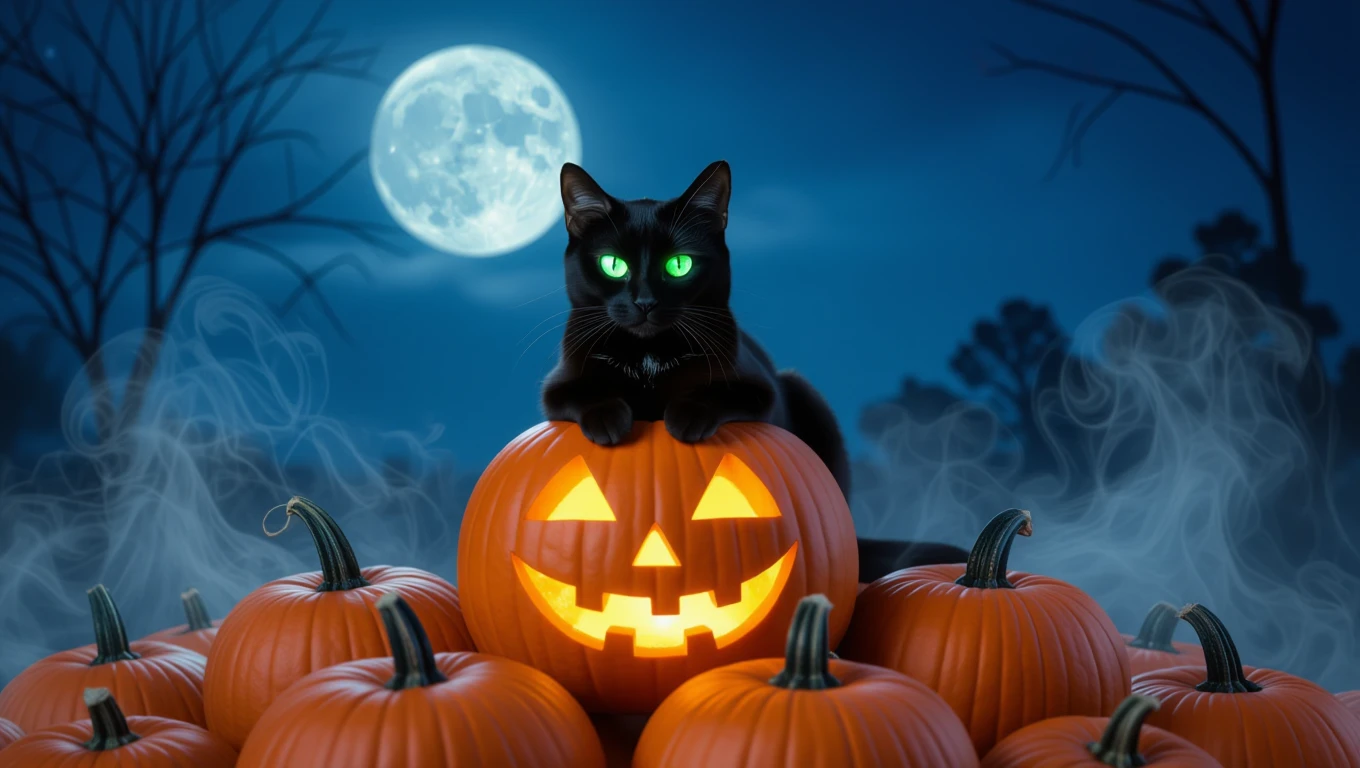 Mit jelent Halloweennal álmodni? – Részletes álomfejtések és értelmezések Fekete macska ül egy világító tökön, háttérben telihold és füst.