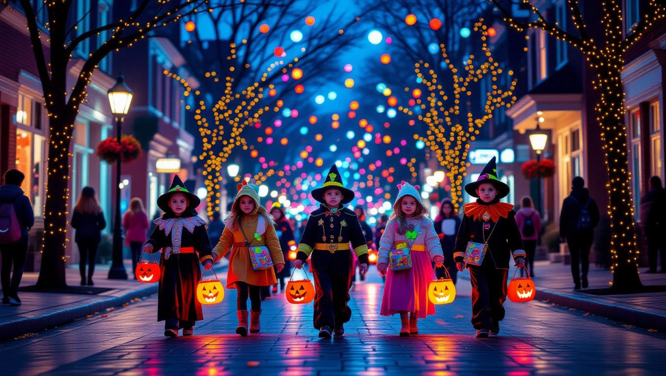 Gyerekek Halloween jelmezekben, töklámpásokkal sétálnak egy kivilágított utcán.