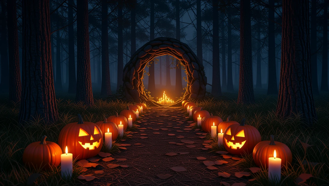 Mit jelent Halloweennal álmodni? – Részletes álomfejtések és értelmezések Sötét erdőben világító tökök és gyertyák vezetnek egy kőívhez.