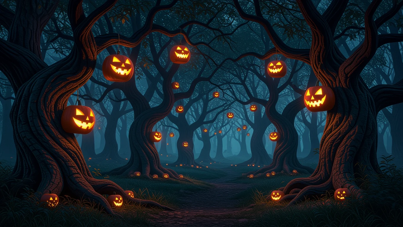 Mit jelent Halloweennal álmodni? – Részletes álomfejtések és értelmezések Sötét erdő Halloween töklámpásokkal, misztikus hangulatban.
