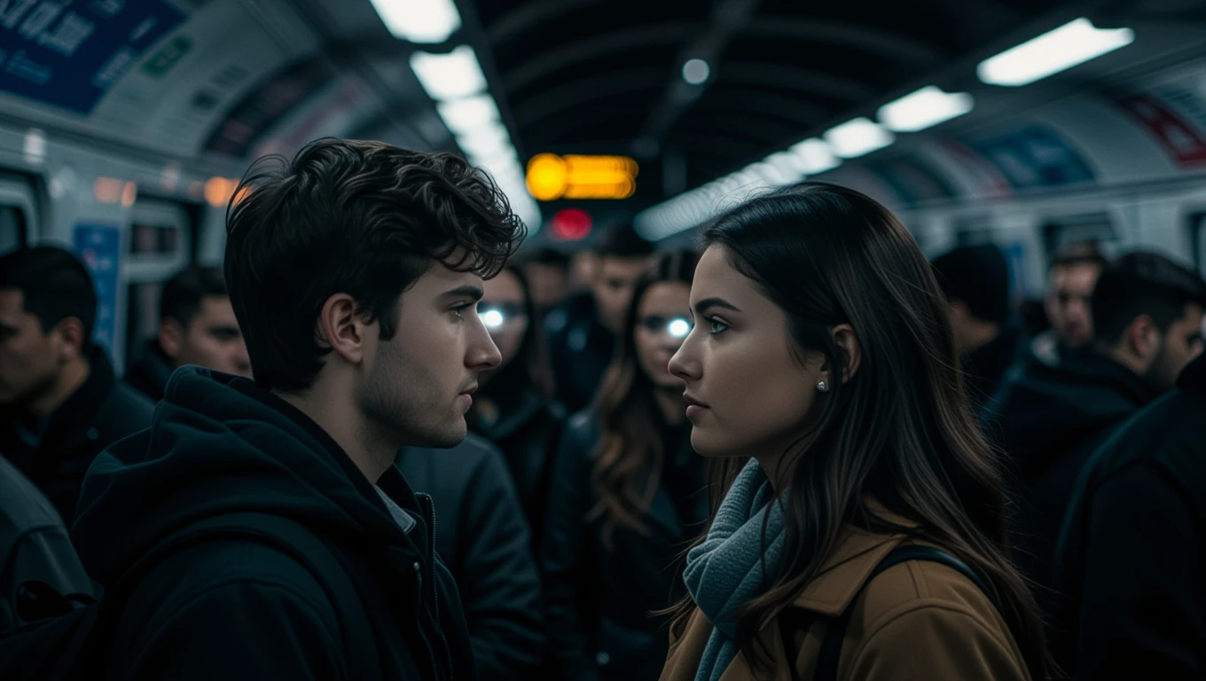 Mit jelent ismerkedésről álmodni? - Teljes álomfejtések Két fiatal, akik egymásra néznek egy zsúfolt metróban, érzelmekkel teli pillanat.