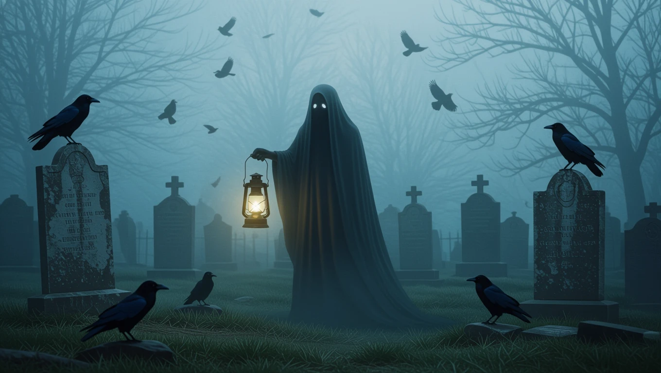 Mit jelent Halloweennal álmodni? – Részletes álomfejtések és értelmezések Egy kísérteties alak látható egy temetőben, lámpással a kezében, körülötte varjak.