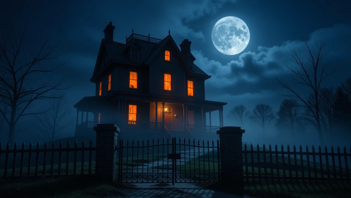 Mit jelent Halloweennal álmodni? – Részletes álomfejtések és értelmezések Sötét, kísérteties ház világító ablakokkal, telihold alatt, ködben.