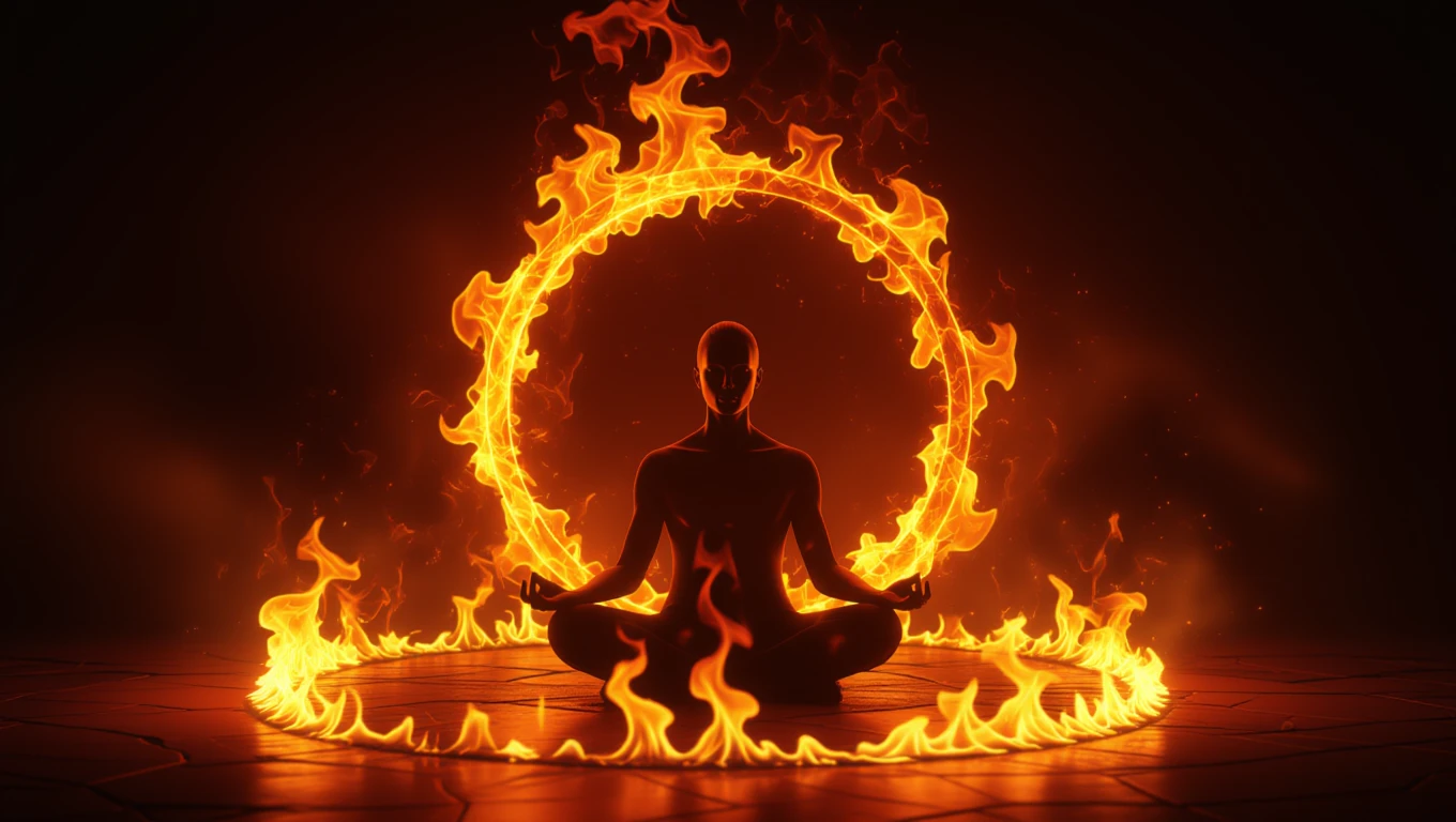 Egy meditáló figura tűzgyűrűben, amely a szenvedély és átalakulás szimbóluma.