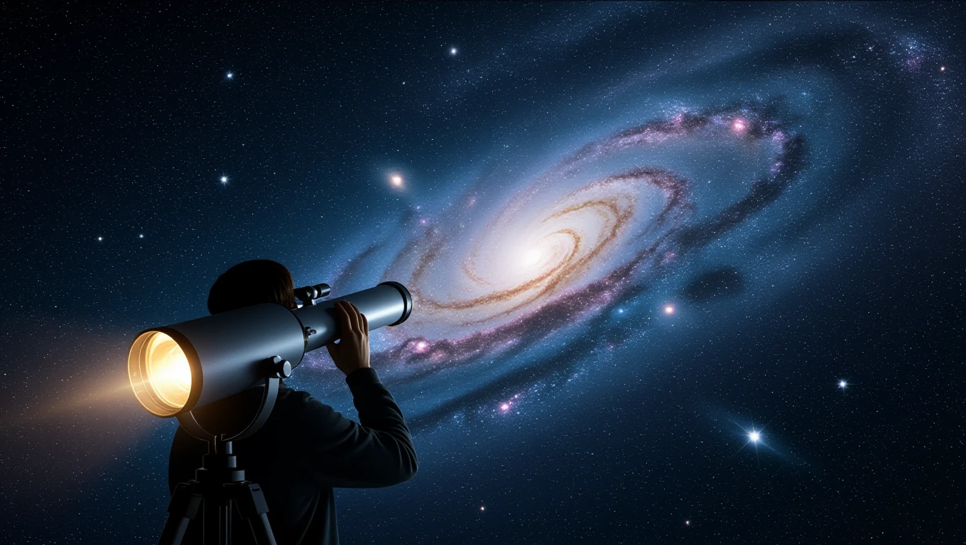 Egy ember távcsővel néz az éjszakai égboltra, galaxisokat felfedezve.