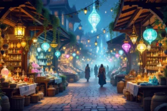 Színes lámpásokkal díszített vásár, tele különféle árukkal és emberekkel.