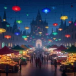 Színes lampionokkal díszített vásár éjszaka, emberek sétálnak a standok között.