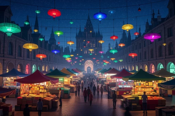 Színes lampionokkal díszített vásár éjszaka, emberek sétálnak a standok között.