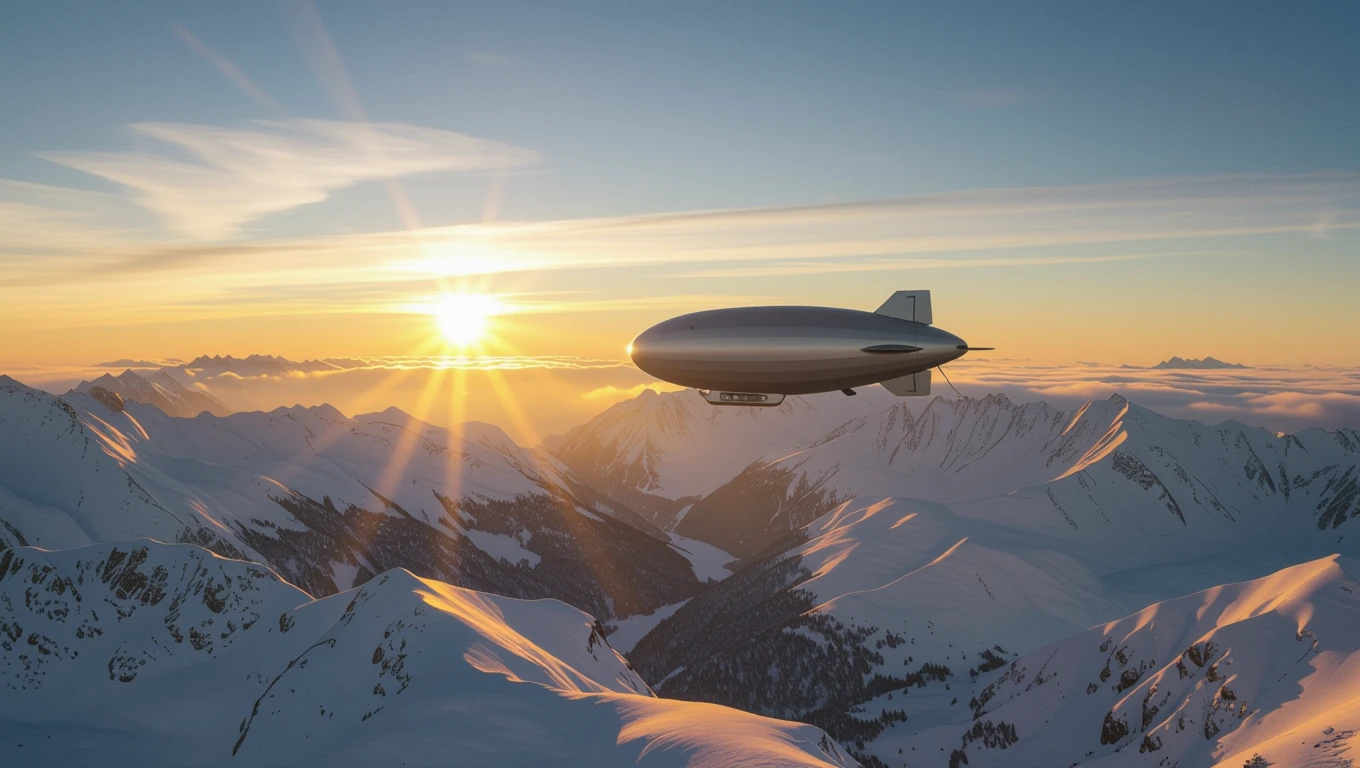 Egy zeppelin repül a havas hegyek felett naplementében.