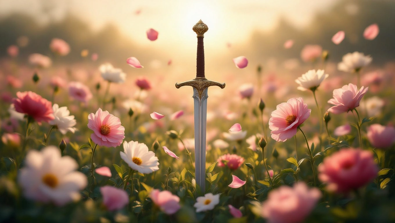 Mit jelent győzelemről álmodni? – Részletes álomfejtés és értelmezés Egy kard áll a virágok között, szimbolizálva a győzelmet és a harcot.