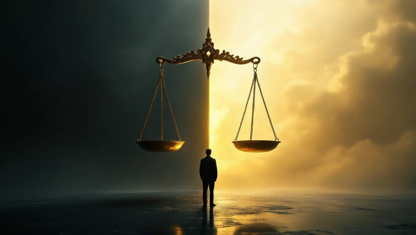 Egy férfi áll egy arany mérlegen, amely a fény és sötétség határán egyensúlyoz.