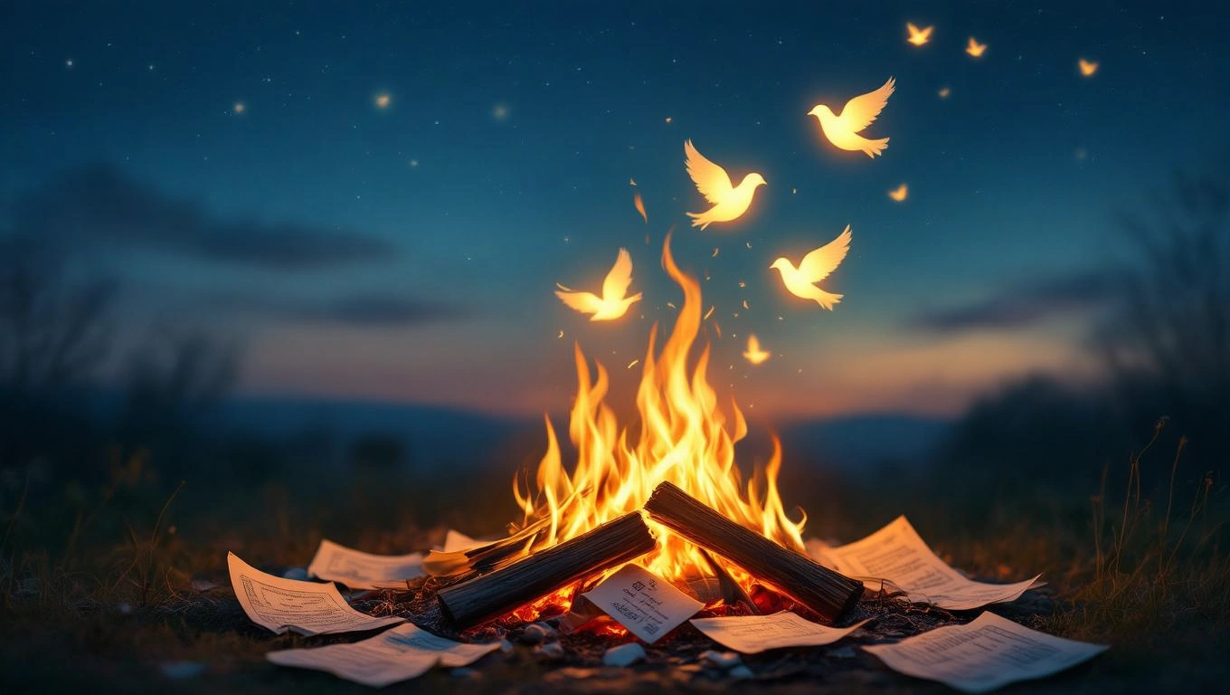 Mit jelent hitellel álmodni? – Részletes álomfejtés és értelmezés Tűz ég egy szabadban, körülötte papírok és szárnyaló galambok.