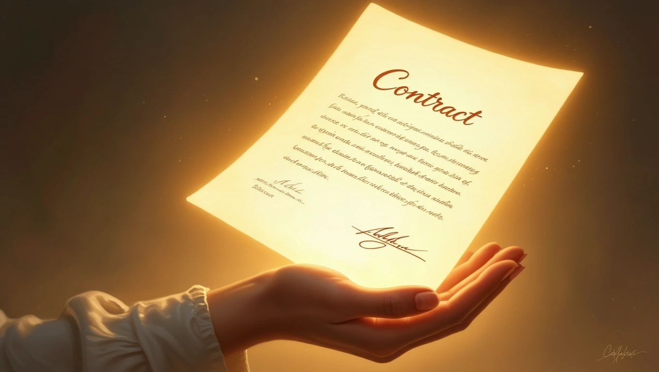 Mit jelent hitellel álmodni? – Részletes álomfejtés és értelmezés Egy kéz tart egy világító szerződést, amely a kötelezettségekre utal.