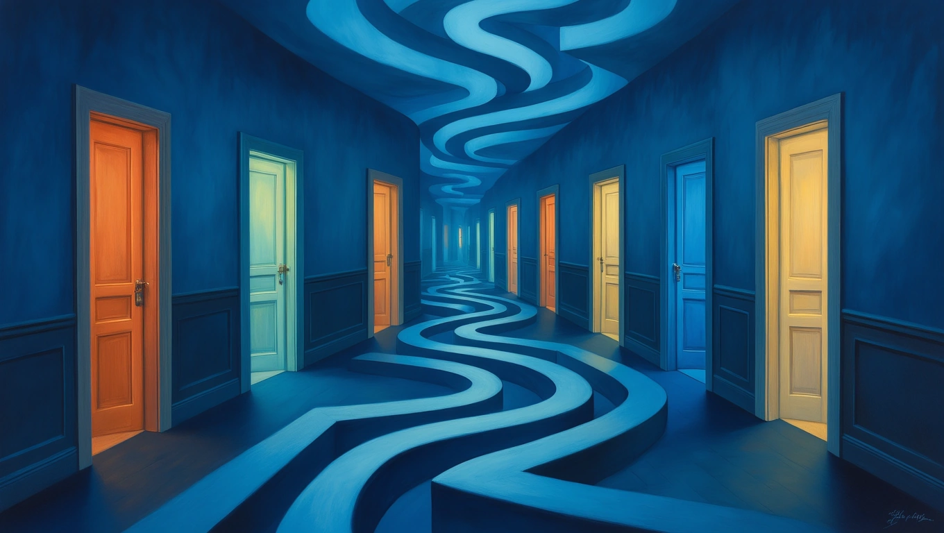 Mit jelent hotellal álmodni? – Részletes álomfejtés és értelmezés Egy kék falú hotel folyosó, színes ajtókkal és kanyargós padlóval.