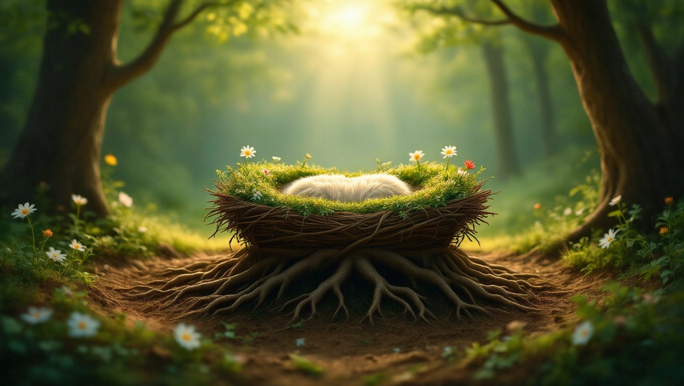 Mit jelent jászollal álmodni? – Részletes álomfejtés és értelmezés Egy jászol, zöld fűvel és virágokkal díszítve, erdőben.