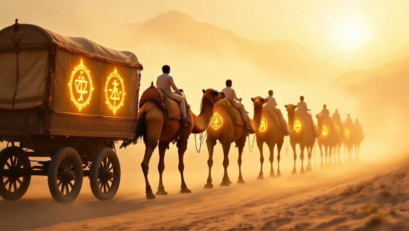Karaván tevékből áll, naplementében halad, misztikus szimbólumokkal díszítve.