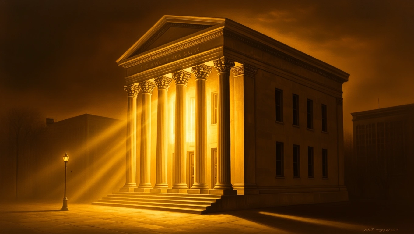 Mit jelent kölcsönnel álmodni? – Részletes álomfejtés és értelmezés Egy impozáns banképület, aranyszínű fényben, lépcsőkkel és oszlopokkal.