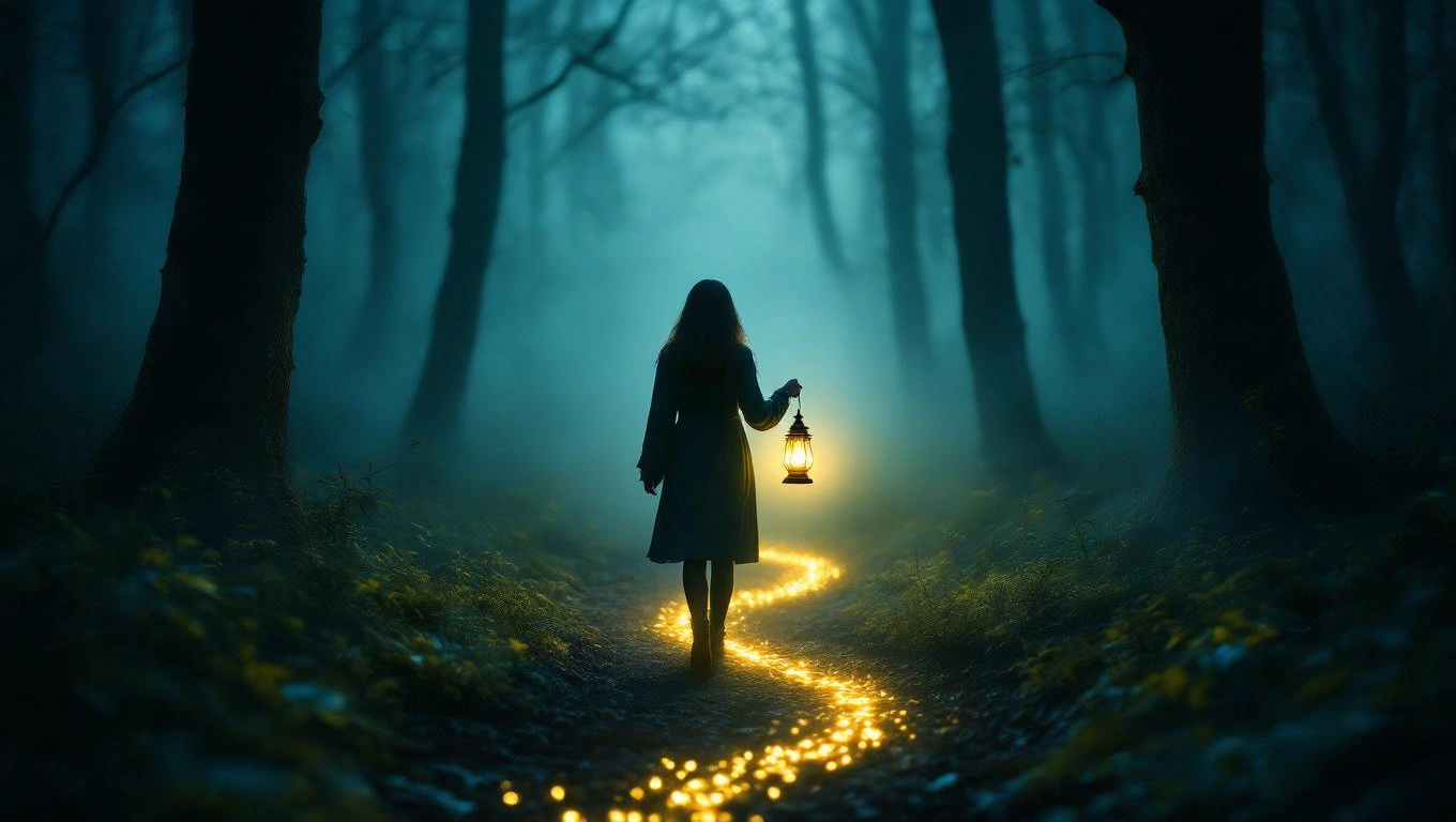 Mit jelent lámpával álmodni? – Részletes álomfejtés és értelmezés Egy nő sétál egy sötét erdőben, kezében lámpával, amely fényt áraszt.