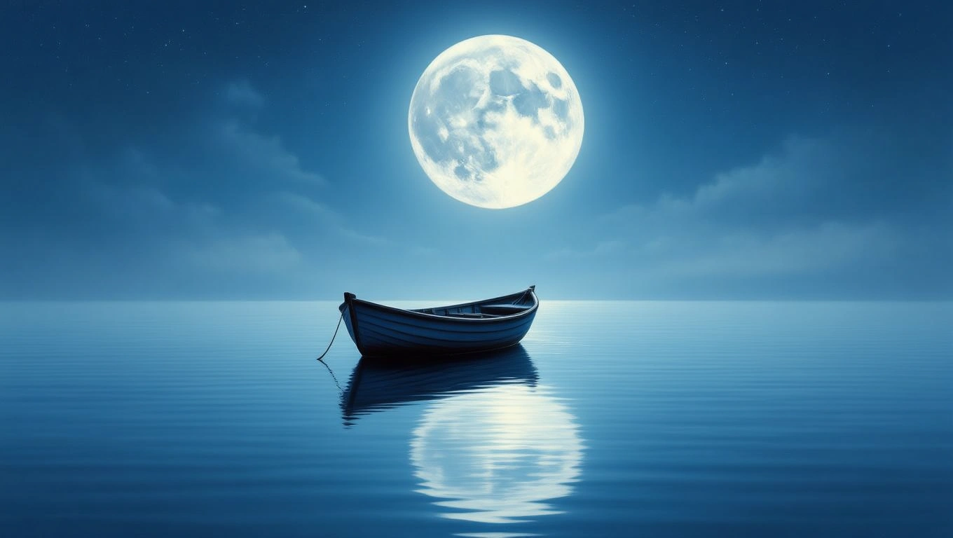 Mit jelent magányról álmodni? – Részletes álomfejtés és értelmezés Egy magányos csónak ringatózik a nyugodt vízen, a telihold fényében.