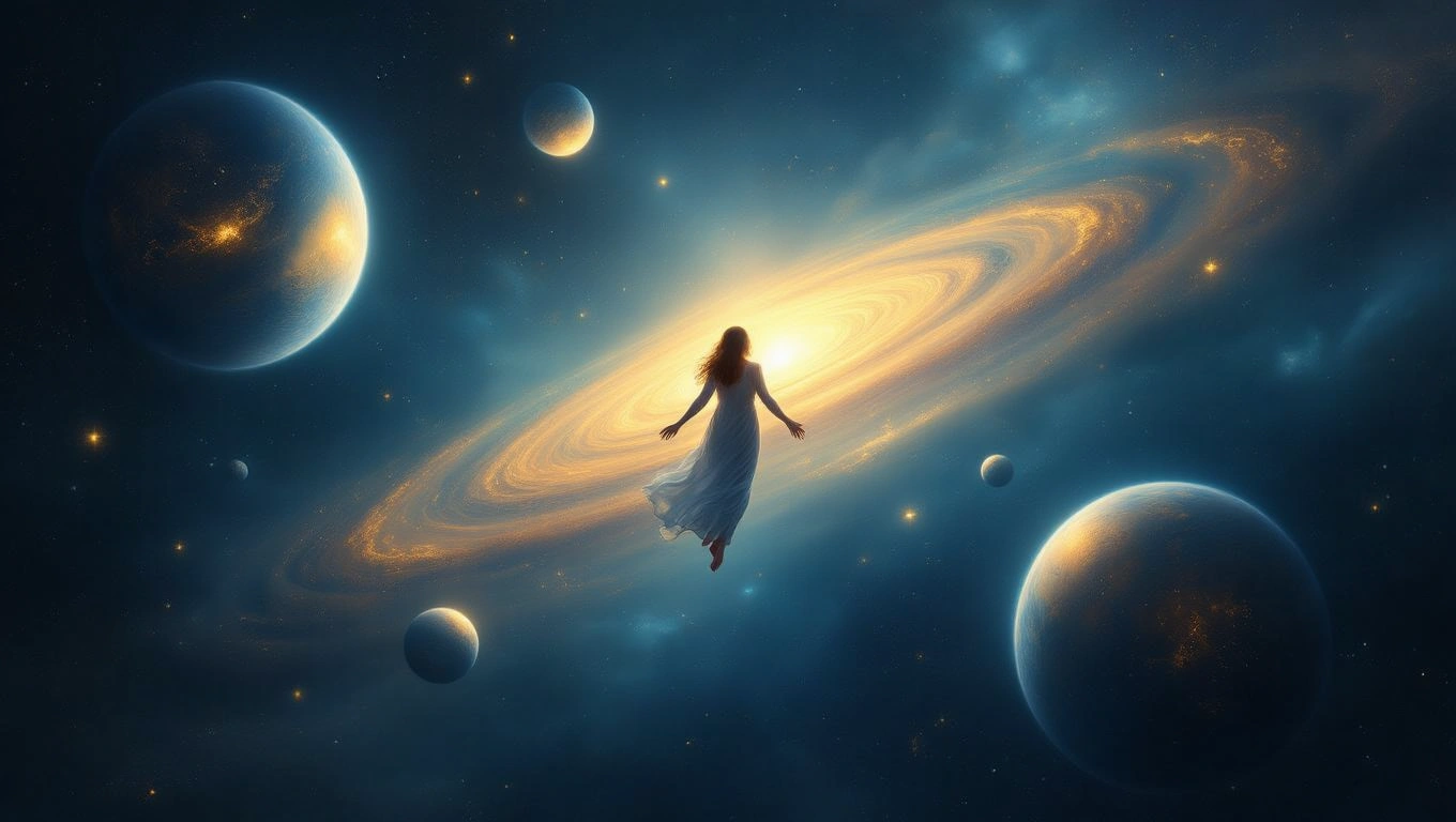 Mit jelent magányról álmodni? – Részletes álomfejtés és értelmezés Egy nő lebeg a világűrben, körülötte bolygók és csillagok láthatók.