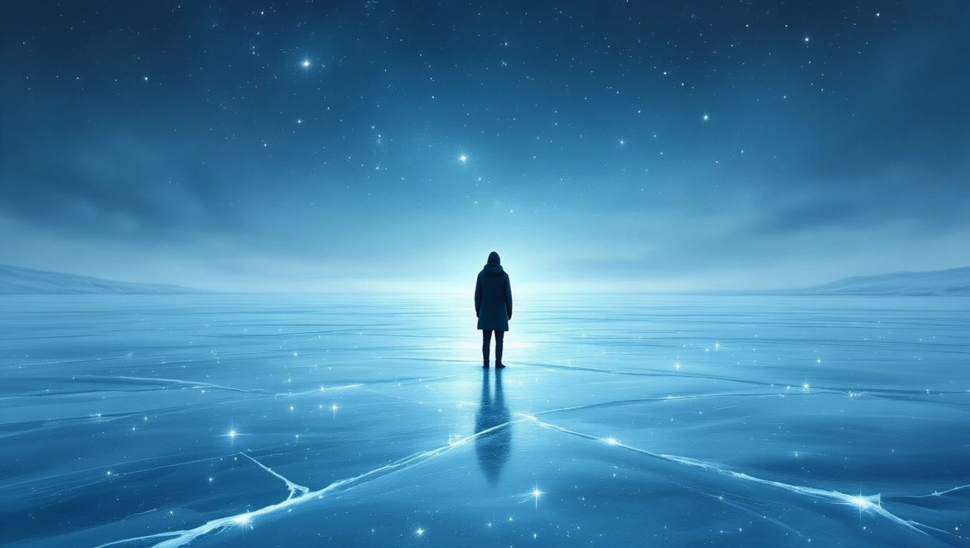 Mit jelent magányról álmodni? – Részletes álomfejtés és értelmezés Egy magányos alak áll egy csillogó, jégszerű tájon, a csillagos ég alatt.