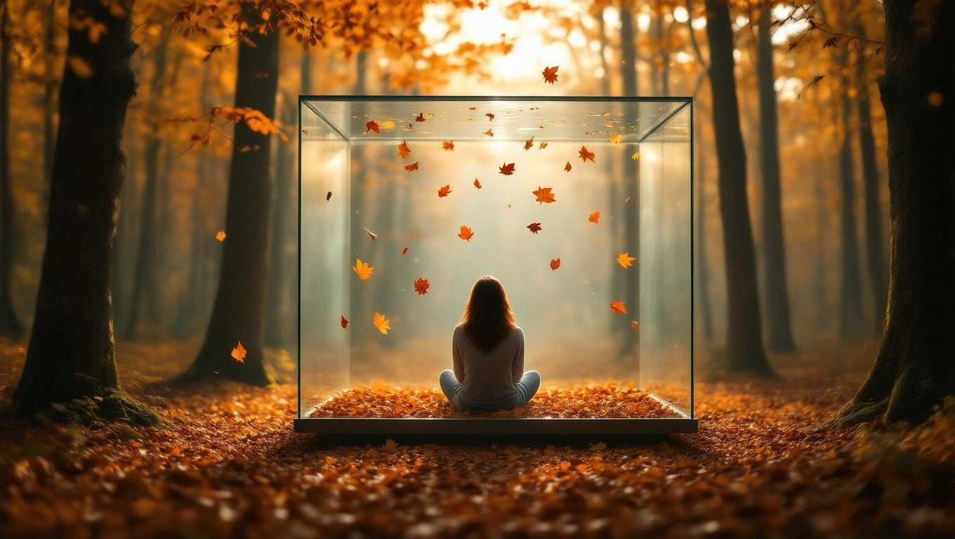 Mit jelent magányról álmodni? – Részletes álomfejtés és értelmezés Egy nő ül egy üvegfalú dobozban, körülötte őszi falevelek hullanak.