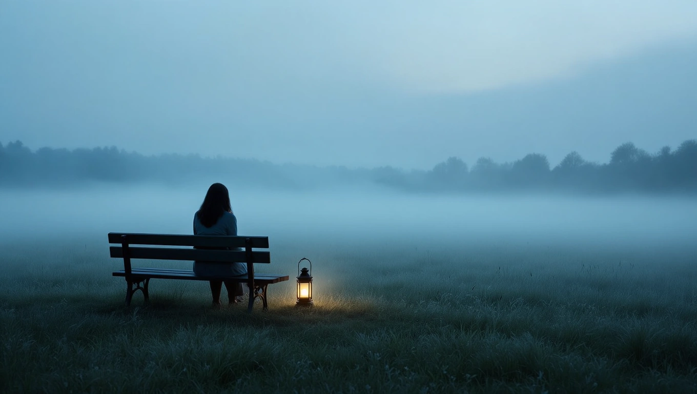 Egy nő ül egy padon, mellette egy lámpás, ködös mezőn.