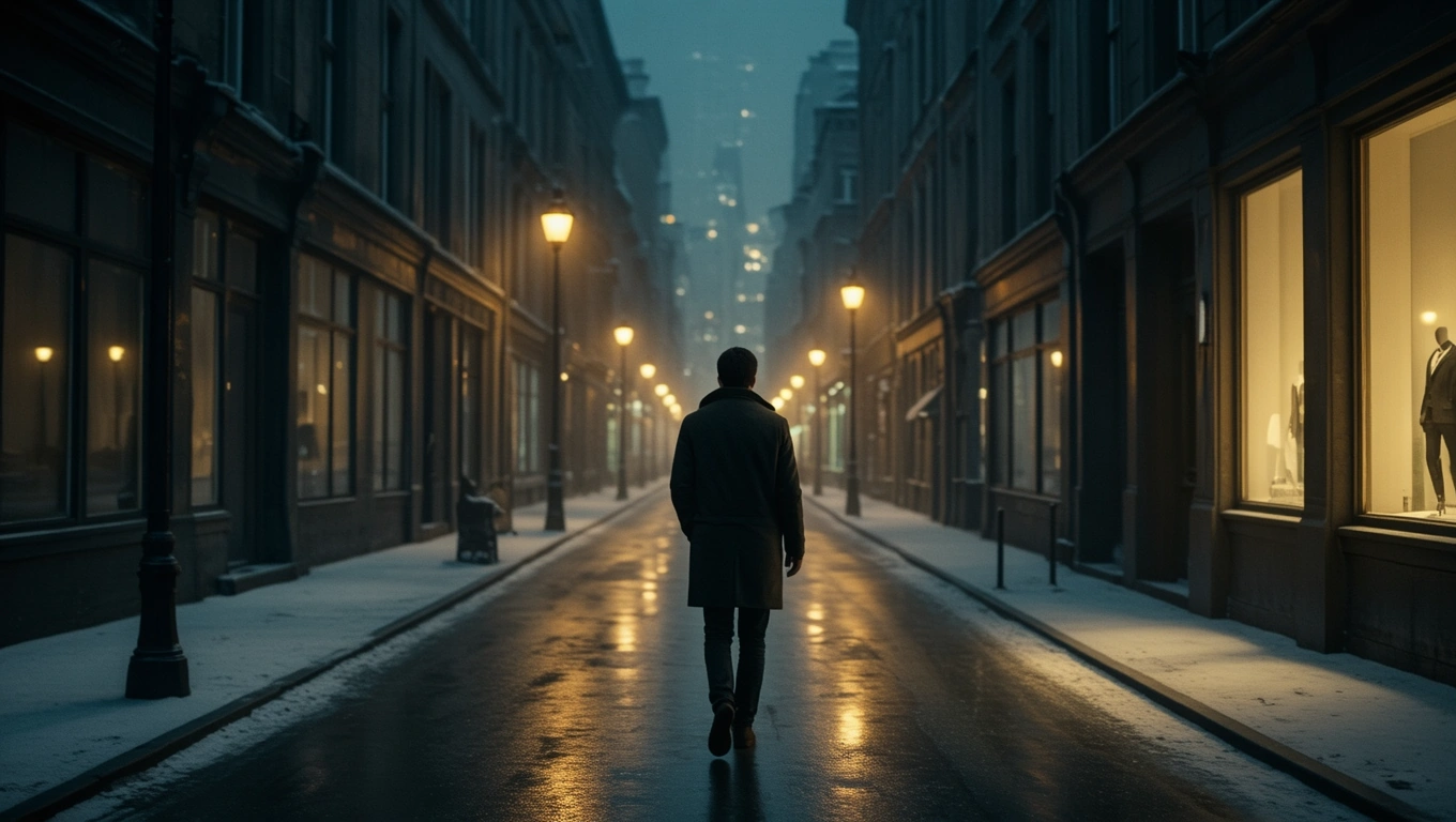 Mit jelent magányról álmodni? – Részletes álomfejtés és értelmezés Egy magányos férfi sétál egy üres, havas utcán, lámpák világítanak.
