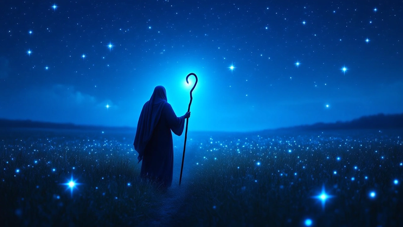 Mit jelent pásztorral álmodni? – Részletes álomfejtés és értelmezés Egy pásztor sötétkék háttér előtt, csillagokkal teli éjszakában, botjával a kezében.