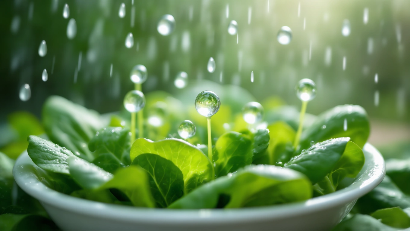 Mit jelent salátával álmodni? – Részletes álomfejtés és értelmezés Friss saláta levelek vízcseppekkel, zöld háttér előtt.