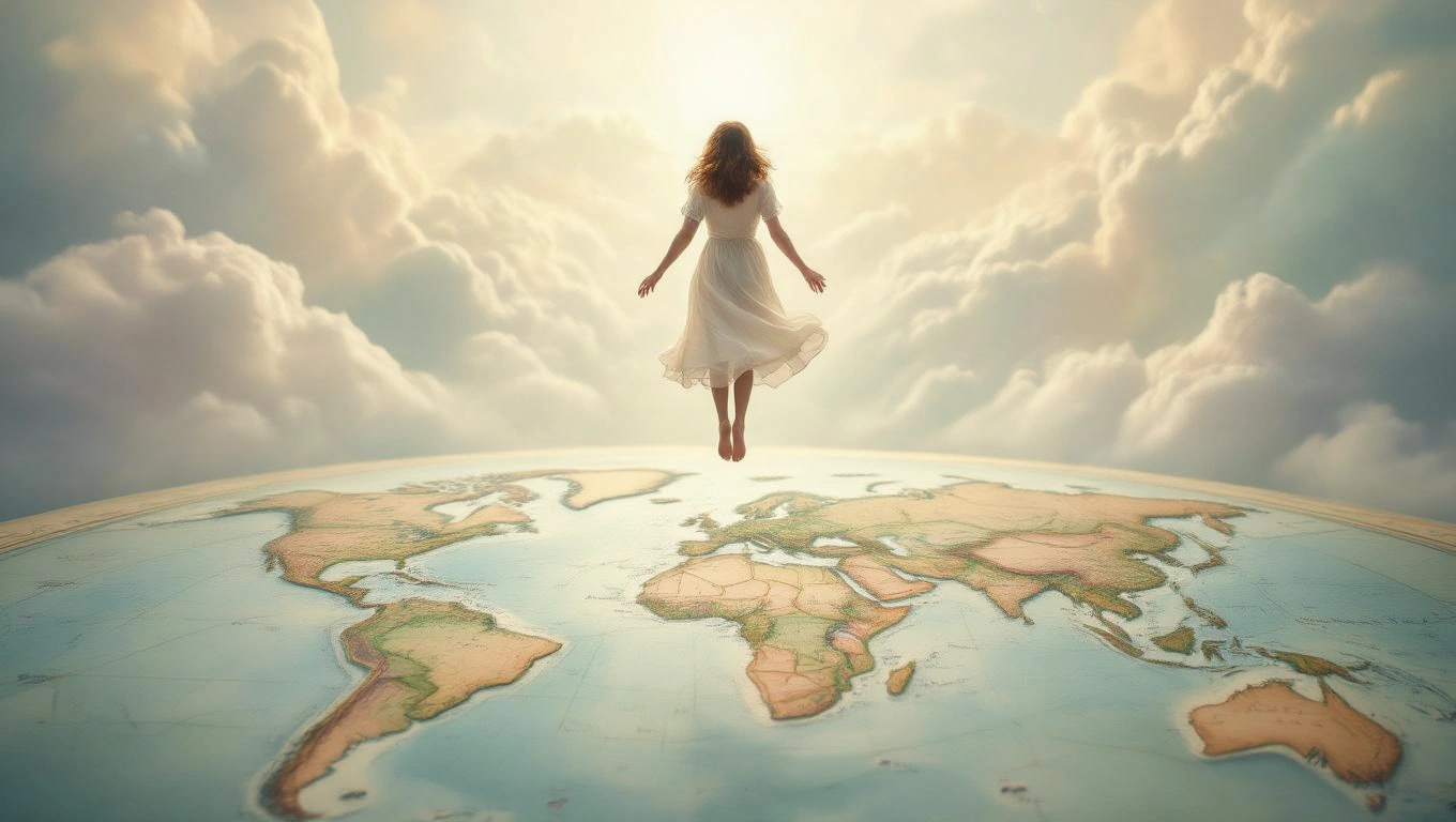 Mit jelent tanácstalanságról álmodni? – Részletes álomfejtés és értelmezés Egy nő lebeg a világ térképe felett, körülötte felhők és fény.