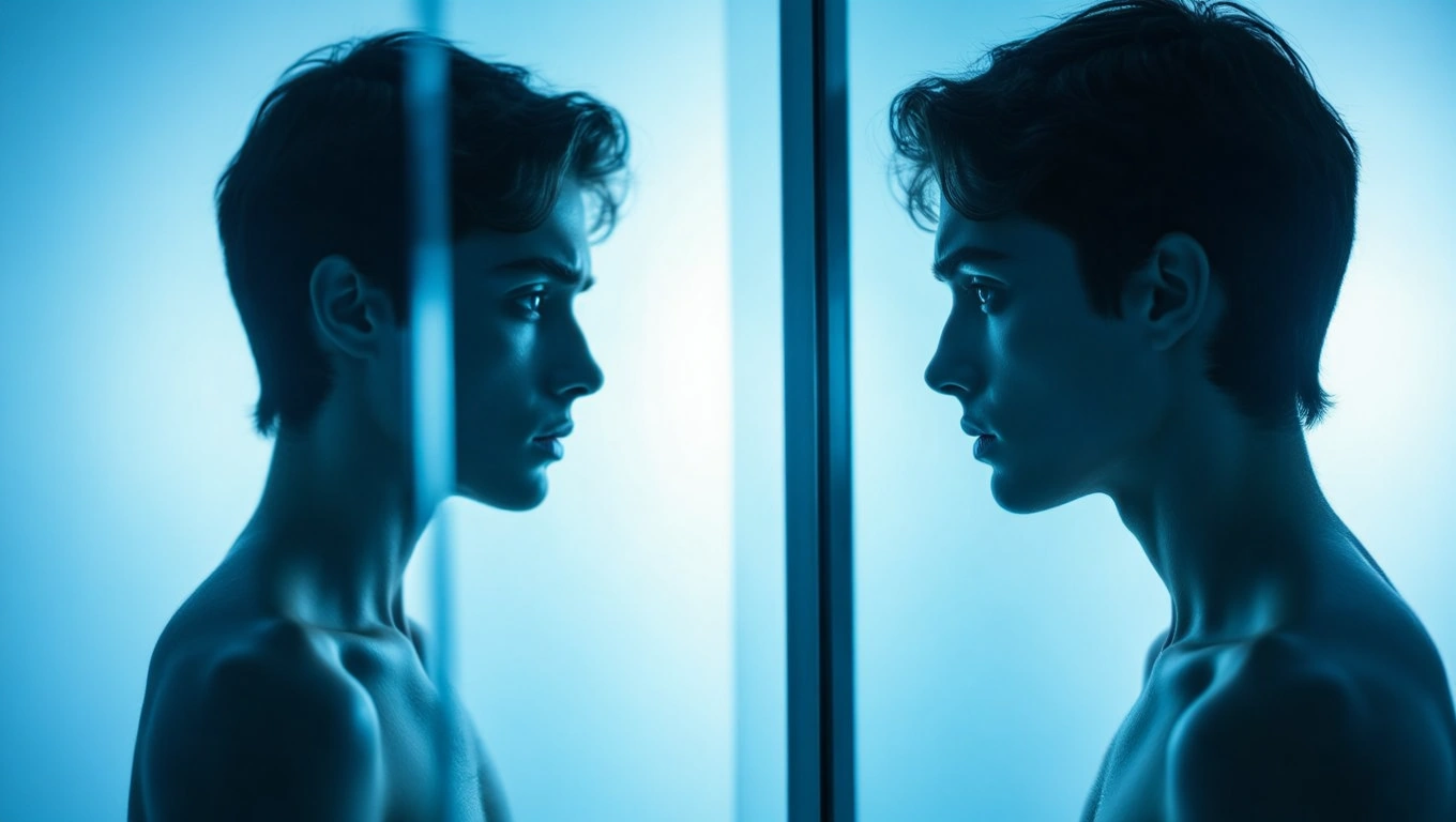 Mit jelent tanácstalanságról álmodni? – Részletes álomfejtés és értelmezés Egy fiatal férfi arca tükröződik egy üvegfelületen, kék fényben.