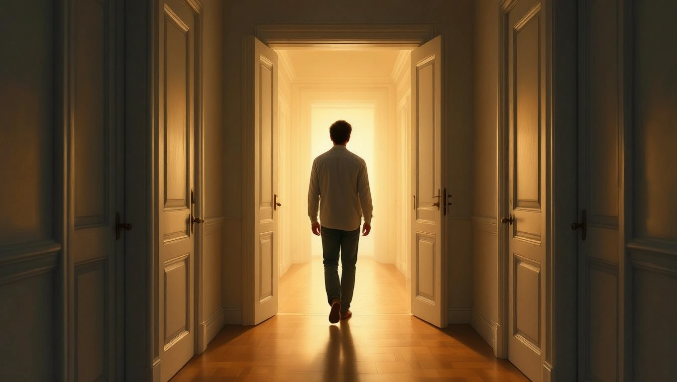 Mit jelent tanácstalanságról álmodni? – Részletes álomfejtés és értelmezés Egy férfi sétál egy világos ajtó felé, amely a tanácstalanság szimbóluma lehet.