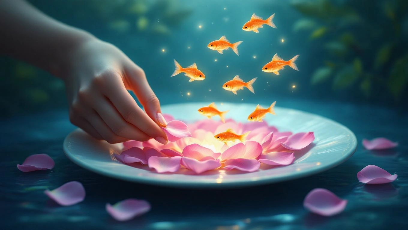 Egy kéz tányéron rózsaszín virágszirmokat érint, aranyhalak úsznak körülötte.